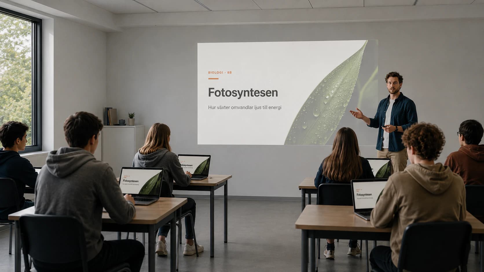 En lärare presenterar en lektion om fotosyntesen i Ablas Slides medan eleverna följer med på sina laptops.