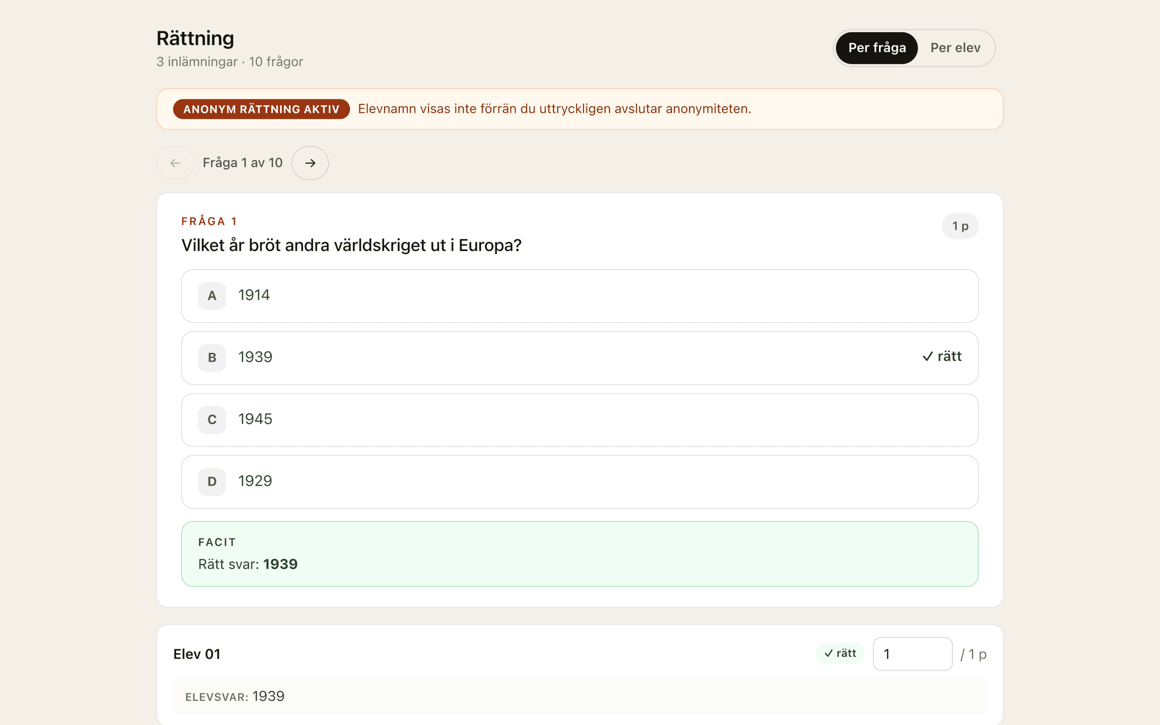 Rättningsvyn i Ablas Prov med anonym rättning aktiv, facit och poäng per fråga.