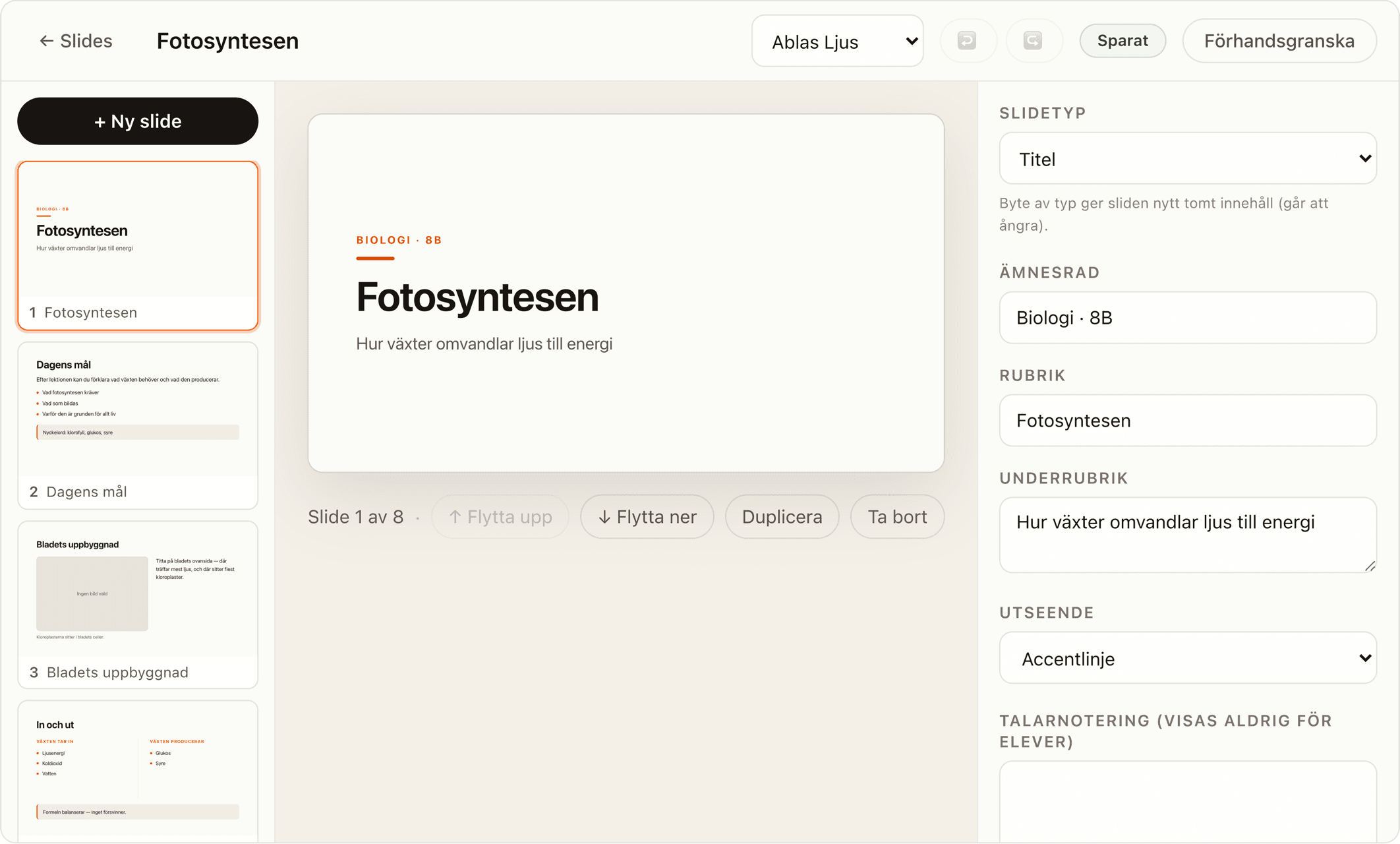 Editorn i Ablas Slides med lektionen Fotosyntesen, miniatyrer till vänster och inställningar till höger.